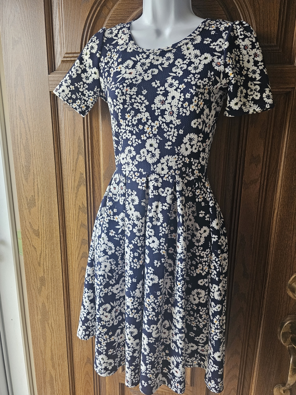 Lula-roe Women's Navy Floral Fit-and-Flare Dress With Pockets.